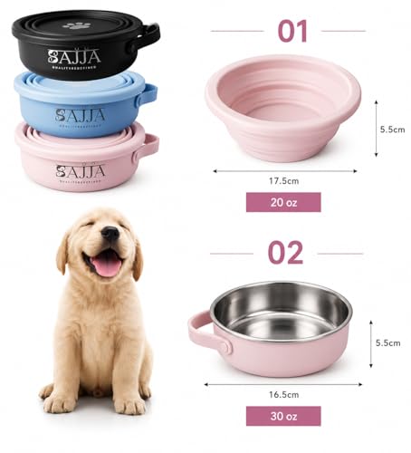 Pink Slow Feeder Travel Dog Bowl Set – 30oz Stainless Steel + 20oz Collapsible Silicone Dish + Silicone Slow Feeder Insert | Water Bottle Holder | Non-Slip, Anti-Choking, BPA-Free – Claim - color: Slow feeder Pink Bowl