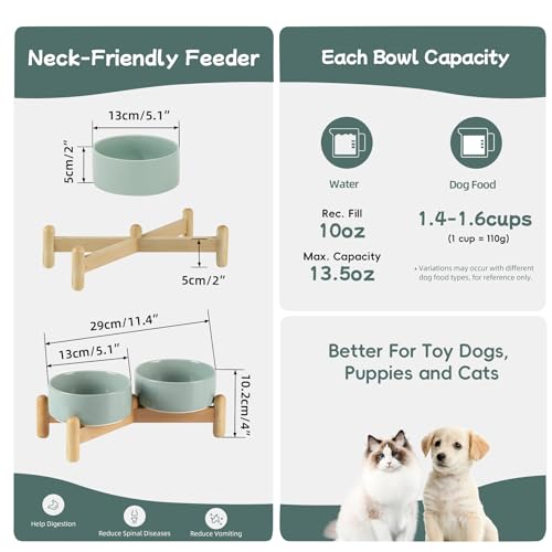 Havniva 5.1inch Ceramic Raised Dog Bowl with Stand, Double Dog Bowls Elevated for Small Breed Dog Food and Water Bowl Set Non-Slip Dog Dish Large Capacity Feeding Pet Water Bowl - color: 2 Bowls+Stand - Light Green, size: 5.1inch
