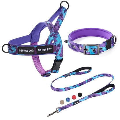 Annchwool No Pull Dog Harness,Heavy Duty Collar & Leash Set-Leash with Double Handle & Car Seatbelt Clip-Easy Control for Walking Training Medium Large Size Dogs(Camo Purple,XL) - color: Camo Purple, size: XL