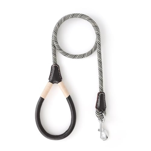 Mile High Life Dog Leash, Rope Leash with Genuine Leather Handle and Heavy Duty Metal Clasp, Great for Small Medium Large Dogs (Black Beige, 4FT) - color: Leather Handle-Black Beige, size: 48 Inch-1/2"
