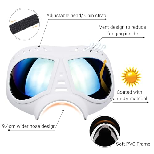 Namsan Dog Goggles for Large Dogs, Wide Snout & Soft Frame, Tactical Driving Sunglasses for Dogs Medium to Large Breed, Anti-UV Dog Eye Protection, Windproof Dustproof, Adjustable, White - color: (Large)Blue Lens