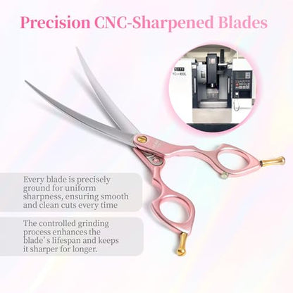 6.5'' Small Curved Dog Grooming Scissors Pink Professional Trimming Shears with Ultra-Lightweight Offset Handle CNC 440C Stainless Steel Blades Pet Scissors for Face and Paws - color: Pink Curved