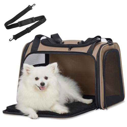 PETSFIT Soft-Sided Cat Carrier for Medium Cats up to 25 lbs, Foldable Pet Travel Bag with Washable Mat, Multiple Entry, Ventilated, for Car Trips & Vet Visits – NOT Airline Approved - color: New Khaki, size: Large