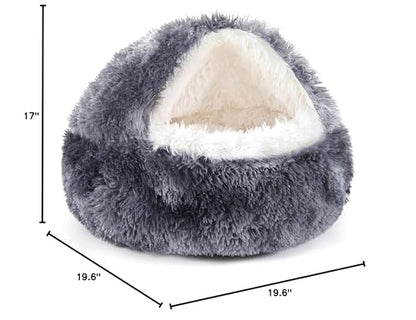 NOYAL Round Hooded Donut Dog Bed for Small & Medium Pets - Plush Fluffy Anti-Anxiety Cat Cave Bed with Cover - color: Bandhnu Dark grey, size: Small 19.6''