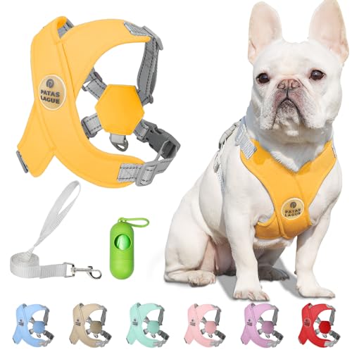 Patas Lague Dog Harness with Leash Set Adjustable Soft Padded Step-in Dog Vest No Choke No Pull Reflective for Small Medium Pets with Poop Bags and Dispenser, Solid and No-chew, Yellow S - color: Yellow, size: S (Neck 18.1-21.2'' Chest 21.2-25.2'')
