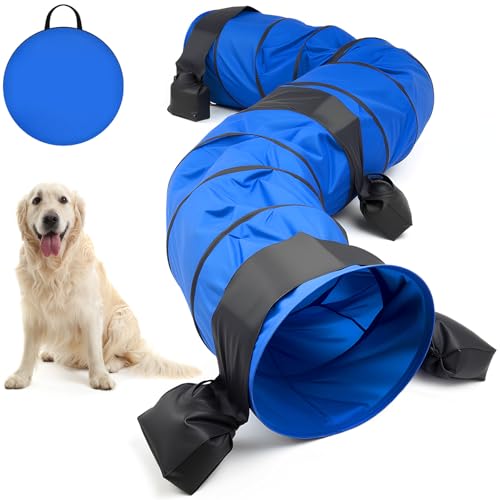 28 in 18 Foot Blue Extra Large Dog Agility Tunnel with Sandbags Dogs Agility Training Equipment Tunnel with 4 Pack Sandbags Carry Bag and 4 Ground Spikes for All Medium and Large Dogs - color: Blue, size: 28in X 18 ft