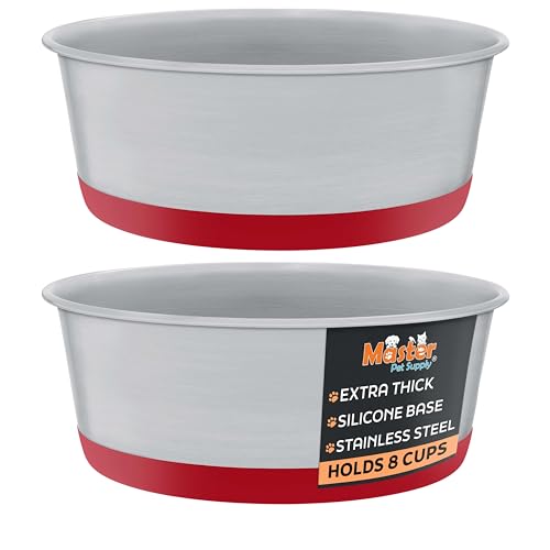 Master Pet Supply Stainless Steel Dog Bowls Set of 2 with Extra Thick Silicone Base - 8 Cup (64 oz) Crimson Red, Non-Slip, Dishwasher Safe Metal Bowls, Pet Dog Food Bowl for Dogs, Cats, Anti Rust - color: Crimson Red, size: 8 Cups (64 oz) 2 Pack