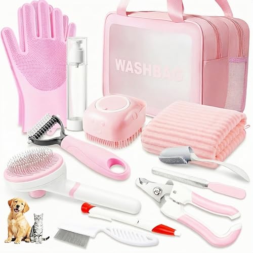 12PCS Dog Bath Kit & Dog Brush Kit for Dogs & Cats - Professional Pet Grooming Tools Set with Shedding Brush, Bath Scrubber, Dematting Comb & Storage Bag - Complete Dog Washing Essentials, Pink - color: 12PCS-Pink