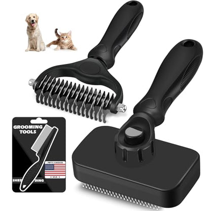 Professional 3PCS Self Cleaning Slicker Brush & Pet Grooming Rake & Flea Comb for Dogs,Cats and Horses | Double-Sided Dematting Comb & Skin Friendly Deshedding Grooming Tool | Pet Supplies (Black) - color: Black