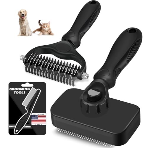 Professional 3PCS Self Cleaning Slicker Brush & Pet Grooming Rake & Flea Comb for Dogs,Cats and Horses | Double-Sided Dematting Comb & Skin Friendly Deshedding Grooming Tool | Pet Supplies (Black) - color: Black