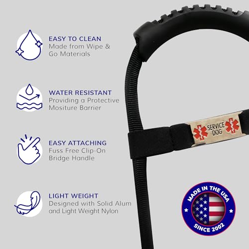 ActiveDogs Service Dog Handle, 12 inch, Solid Core Aluminum, T-Shape or Round or Rectangular, Made in USA, Includes Molded Rubber Grip & Adjustable Chrome ID Band