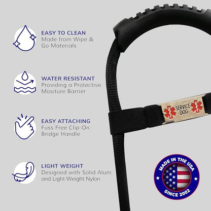 ActiveDogs Service Dog Handle, 12 inch, Solid Core Aluminum, T-Shape or Round or Rectangular, Made in USA, Includes Molded Rubber Grip & Adjustable Chrome ID Band