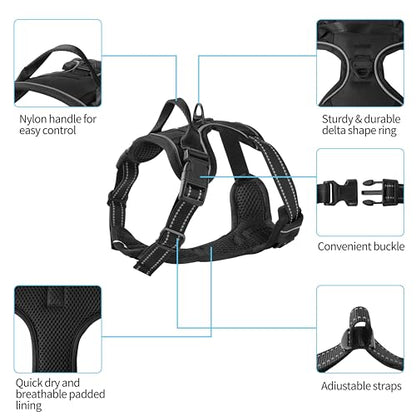 Black Adjustable Reflective No-Pull Dog Harness with 2 Leash Clips，Soft Padded Vest for Medium Dog, Easy to Put on and Take Off, Black M - color: Black, size: Medium