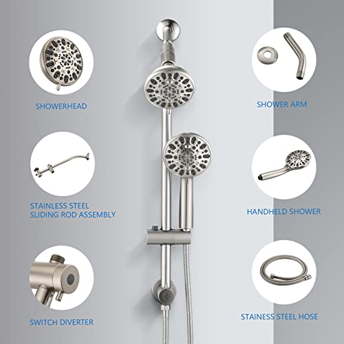 High Pressure 48-Settings Shower Head with Handheld Shower,Drill-Free 3-Way Diverter for Easy Reach,Adjustable Height Slide Bar Dual Shower Head Combo Set - Brushed Nickel - color: Brushed Nickel