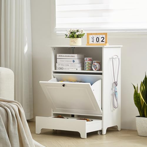 VEVOR Pet Feeding Station with 2 Elevated Dog Bowls, Raised Dog Bowls Stand with Storage, Food Cabinet with Hidden Pull-Out Bowl, Feeder Station, Pet Toy Storage Organizer for Dogs Cats, White - size: 23.62x13.78x31.38 inch