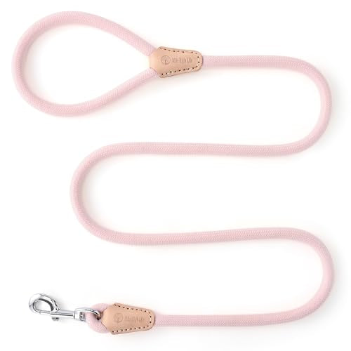 Mile High Life Dog Leash, Rope Leash with Genuine Leather Connection and Heavy Duty Metal Clasp, Great for Small Medium Large Dogs(Light Pink,48 Inch) - color: Rope Handle-Light Pink, size: 48 Inch-1/2"