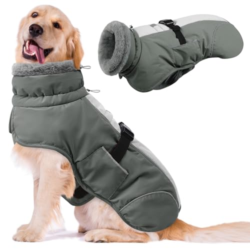 Queenmore Dog Coats for Large Breeds, Dog Snow Jacket, Adjustable Easy On Large Dogs Winter Jackets, Waterproof Cold Weather Pet Coat, Grey, L - color: Grey, size: Large