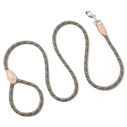 Mile High Life Dog Leash, Rope Leash with Genuine Leather Connection and Heavy Duty Metal Clasp, Great for Small Medium Large Dogs(Black Beige,48 Inch) - color: Rope Handle-Black Beige, size: 48 Inch-1/2"