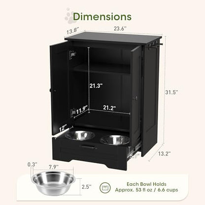 Dog Feeding Station with Storage Cabinet, Black Wood Dog Cabinet with 2 Elevated Stainless Steel Bowls, Hidden Pull-Out Feeder Drawer, Pet Feeding Station for Kitchen and Living Room - color: Black