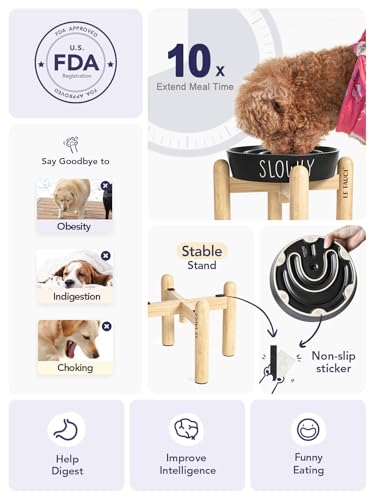 LE TAUCI PET Ceramic Slow Feeder Dog Bowls Elevated, 3 Cups Raised Dog Bowl with Wooden Stand for Medium Large Breed to Slow Down Eating, Puzzle Food Bowl,Black - color: Black+Stand, size: L-3 Cups