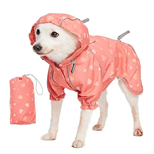 Blueberry Pet 16" Heart Prints Lightweight Reflective Waterproof Dog Raincoat with Hood & Harness Hole, Pink, Outdoor Rain Gear Jacket 2 Legs for Dogs - color: 2-legged - Pink, Heart Prints, size: 16 Inch