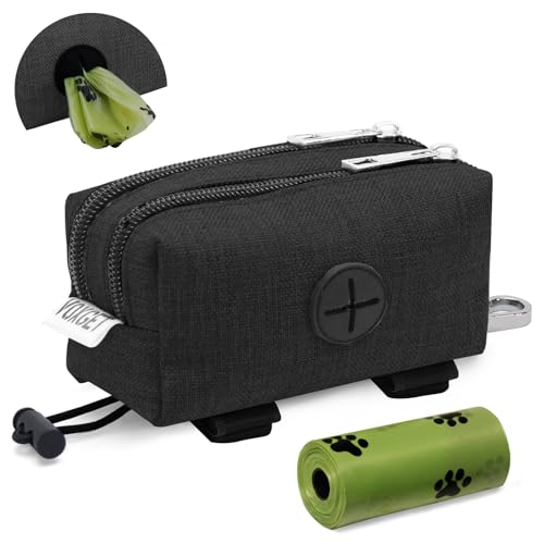 Dog Poop Bag Holder for Leashes, Puppy Treat Pouch Carrier with 2 Zipper Pockets and Clip for Pets Doggy Training, Dog Waste Bag Dispenser with 1 Roll Poop Bags for Walking Accessories (Black) - color: Black