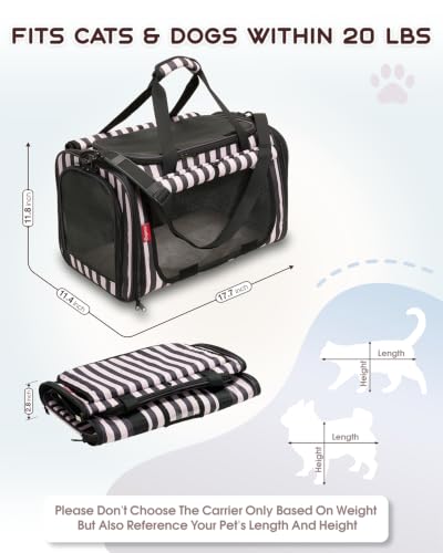 BurgeonNest Cat Carrier Soft, Pet Carrier Dog Carrier Airline Approved for Cats and Small Dogs up to 20 lbs Top Loading with Shoulder Strap, Privacy Protection, Mesh Ventilation, Car Travel, Striped - color: Striped, size: 17.7"L x 11.8"W x 11.4"H