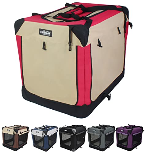EliteField 4-Door Folding Soft Dog Crate with Curtains, Carrying Bag and Fleece Bed (2 Year Warranty), Indoor & Outdoor Pet Home (20" L x 14" W x 14" H, Red+Beige) - color: Red+Beige, size: 20.0"L x 14.0"W x 14.0"H
