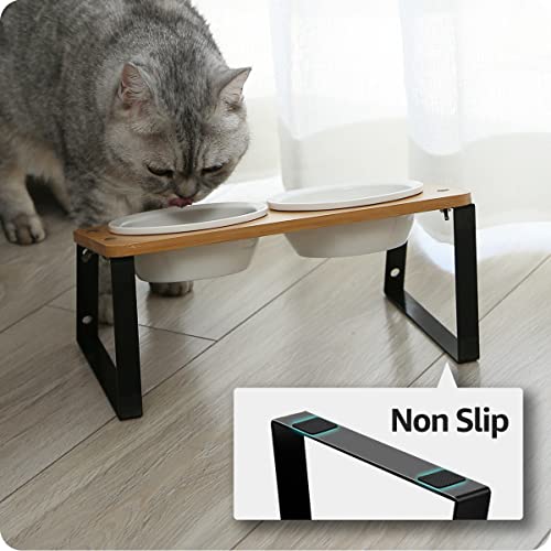 AYADA Elevated Cat Bowls, Height Adjustable Raised with Stand Lifted Ergonomic Anti Vomiting Non Slip Slanted Tilted Double Bowls Food Water Ceramic - color: Ceramic