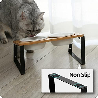 AYADA Elevated Cat Bowls Height Adjustable with Stand (Ceramic) | 15-Degree Tilt, 4.7 or 5.5 Inches, Non-slip Pad, Double Bowls, For Dry Food, Wet Food, Water, Ergonomic, Spine Protection - color: Ceramic