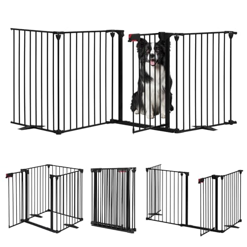 SMONTER Freestanding Dog Gate with Door Walk Through, 102" Extra Wide Foldable Dog Fence, 4 Panels 29" Tall Metal Pet Gate for Stairs, Hallways - size: 4 Panels 102" W x 29" H