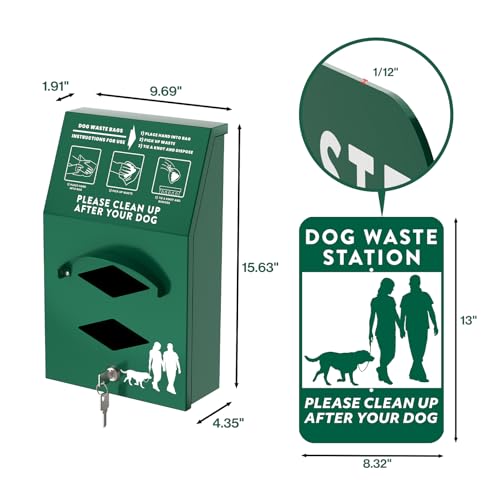 POCHAR Aluminum Outdoor Dog Bag Dispenser with Pick Up Sign for Pet Waste | Rust-Proof Wall-Mounted Poop Bag Dispenser for Dog Waste, Includes Lock & Mounting Hardware - style: ‎Dispenser with Sign