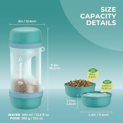 Dog Water Bottle 33.5 Oz with Food Container & 2 Detachable Bowls, BPA-Free - Portable Travel Water Bowl with Shoulder Strap, Leak-Proof Pet Dispenser for Dogs Walking, Hiking, Beach