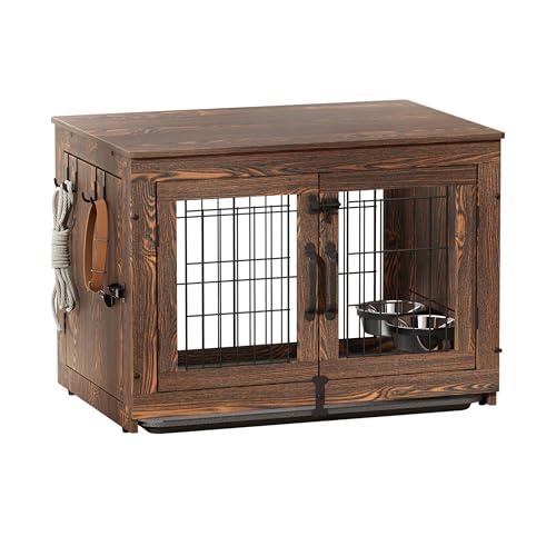 Piskyet Wooden Dog Crate Furniture with 360°Rotatable Removable Dog Bowls, Dog Crate End Table with Tray, Double Doors Dog Kennels for Dogs(M:31.8" L*22.1" W*24.1" H, Rustic Style) - color: Rustic Style, size: 31.8"L x 22.1"W x 24.1"H