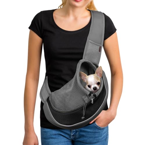 YUDODO Pet Sling Carrier for 5-9 lbs Small Dogs & Cats – Hands-Free Puppy Carrier with Safety Hook, Large Zipper Pocket, Soft Breathable Mesh, Adjustable Strap & Reflective Strip (Black 1.0 M) - color: Black 1.0 Basic (Zipper Pocket), size: Medium (4.5-9l