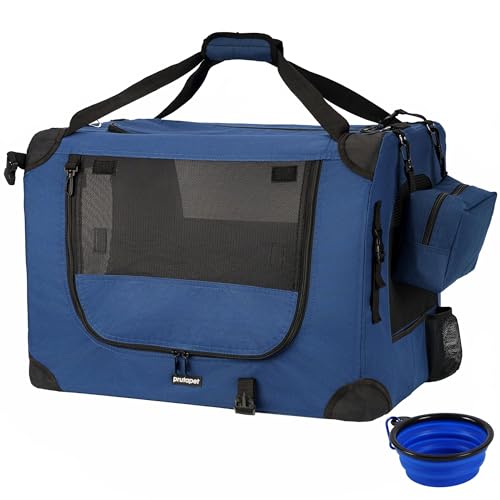 Prutapet Large Cat Carrier 24"x16.5"x16.5" Portable Dog Crate for Small Medium Dogs Collapsible Traveling Pet Crate with Collapsible Bowl - color: Blue, size: 24.0"L x 16.5"W x 16.5"H