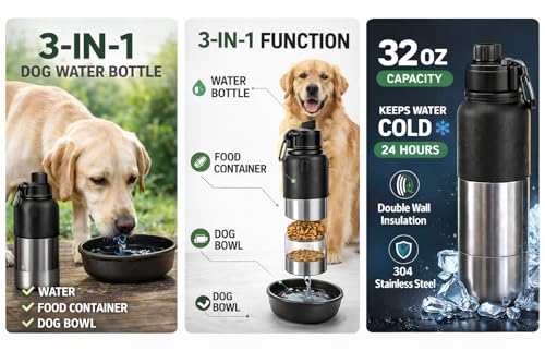 Portable Dog Water Bottle with Built-in Bowl, Leakproof Pet Travel Water Dispenser, 32oz Stainless Steel Dog Water Bottle for Walking, Hiking, Camping & Outdoor Travel