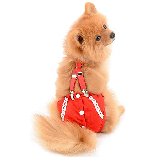 SMALLLEE_LUCKY_STORE Red Lace Girl Dog Diapers for Female with with Suspender Washable Reusable Cloth Sanitary Pants for Heat Cycle Incontinence Puppy Training - size: XS