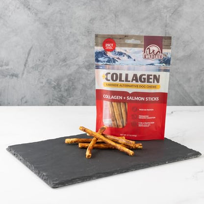 Wild Eats Real Salmon Collagen Bully Sticks for Dogs, 25 Pack, Long Lasting | Rawhide and grain free no hide chew treats, high protein recipe, satisfies natural gnawing urges, suits all breeds and sizes - size: 5.7 Ounce (Pack of 25)