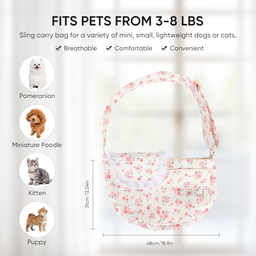 Dog Slings for Small Dogs,Small Dog Carrier Sling,Adjustable Strap Hand Free Dog Carrier Cat Sling for Outdoor Traveling Subway (Red Flower)