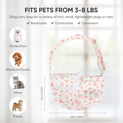 Dog Slings for Small Dogs,Small Dog Carrier Sling,Adjustable Strap Hand Free Dog Carrier Cat Sling for Outdoor Traveling Subway (Red Flower)