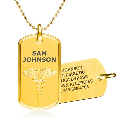 Divoti Custom Laser Engraved Medical Alert Necklace for Men | 28" Ball Chain with Lobster | Personalized Dog Tag ID with Black caduceus | Stainless Steel, Durable Waterproof Design - color: PVD Gold, style: 24" Ball Chain