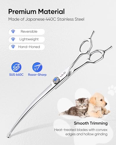 ULG Curved Dog Shears for Grooming, 7 Inch Professional Curved Dog Grooming Scissors for Trimming and Cutting, Japanese Stainless Steel Pet Hair Scissors - size: 7.0 Inch (Curved)