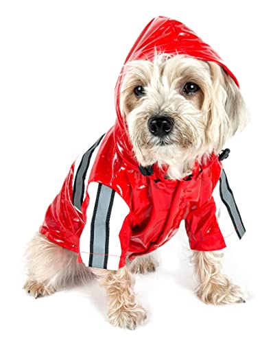 Pet Life ® Reflecta-Glow Multi-Adjusting Reflective Year-Round Fleece Reversed PVC Pet Jacket Waterproof Dog Raincoat with Removable Hood - color: Red, size: X-Small
