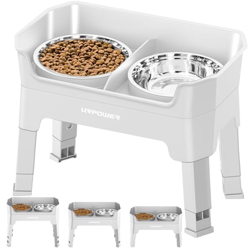 URPOWER 3-in-1 Elevated Dog Bowls - Mess Proof Double Deck 4 Height Adjustable Raised Stand with 2 Stainless Steel Food Bowls & Licking Plate for Small, Medium & Large Dogs - color: Light Grey, size: Large