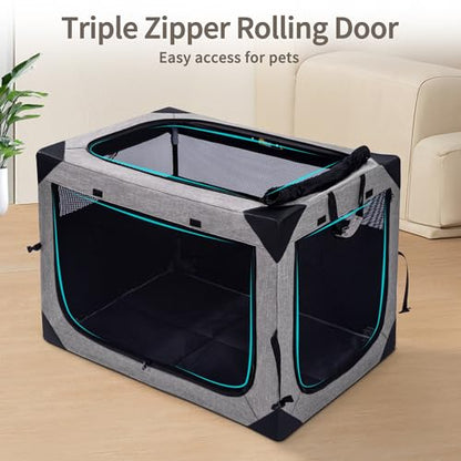 Hiaksedt Dog Crates - 36 Inch Collapsible Soft Dog Crate, 3-Door Foldable Soft Kennel for Large Dogs, Portable Pet Travel Cage with Chew Proof Mesh Window for Outdoors