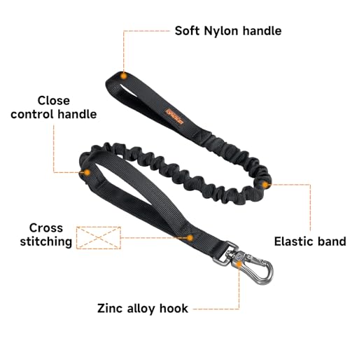 EXCELLENT ELITE SPANKER Military Bungee Dog Leash Elastic Leads Rope with 2 Padded Control Handle for Medium and Small Dogs (Black) - color: Black