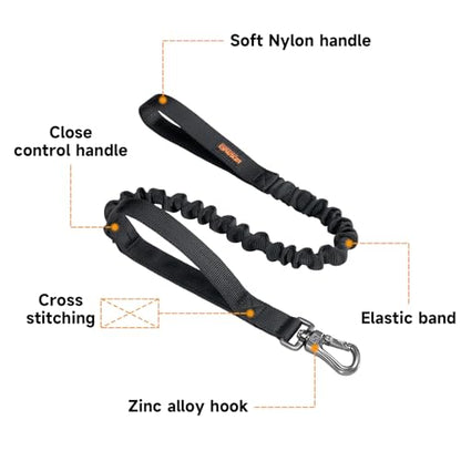 EXCELLENT ELITE SPANKER Military Bungee Dog Leash Elastic Leads Rope with 2 Padded Control Handle for Medium and Small Dogs (Black) - color: Black
