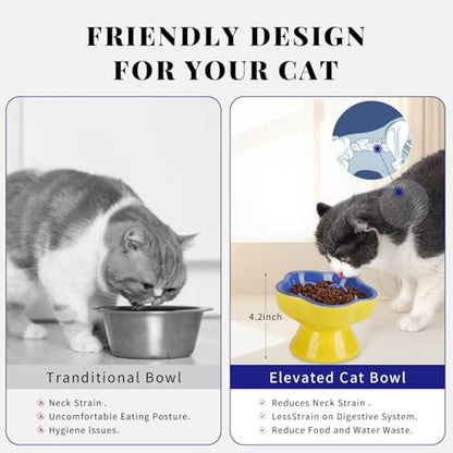 S&Q's CERAMICS Raised Slow Feeder Cat Bowl, Ceramic Elevated and Titled Pet Food Bowl, Small Dogs Slow Feeder, Flower Shaped Dish for Dry and Wet Food (Blue, 5.8") - color: Blue