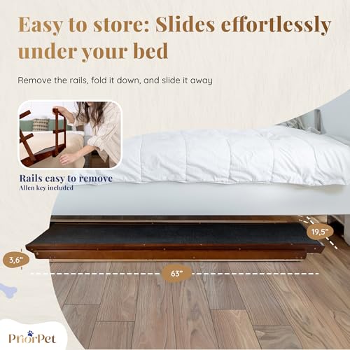Dog Ramp for Bed with Safety Rails for High Beds up to 37" – Extra Wide 19.5" Adjustable Dog Bed Ramp for Large Dogs up to 200 lbs – Solid Birchwood, Non-Slip Rubber Surface, Foldable Design – Walnut - color: Walnut